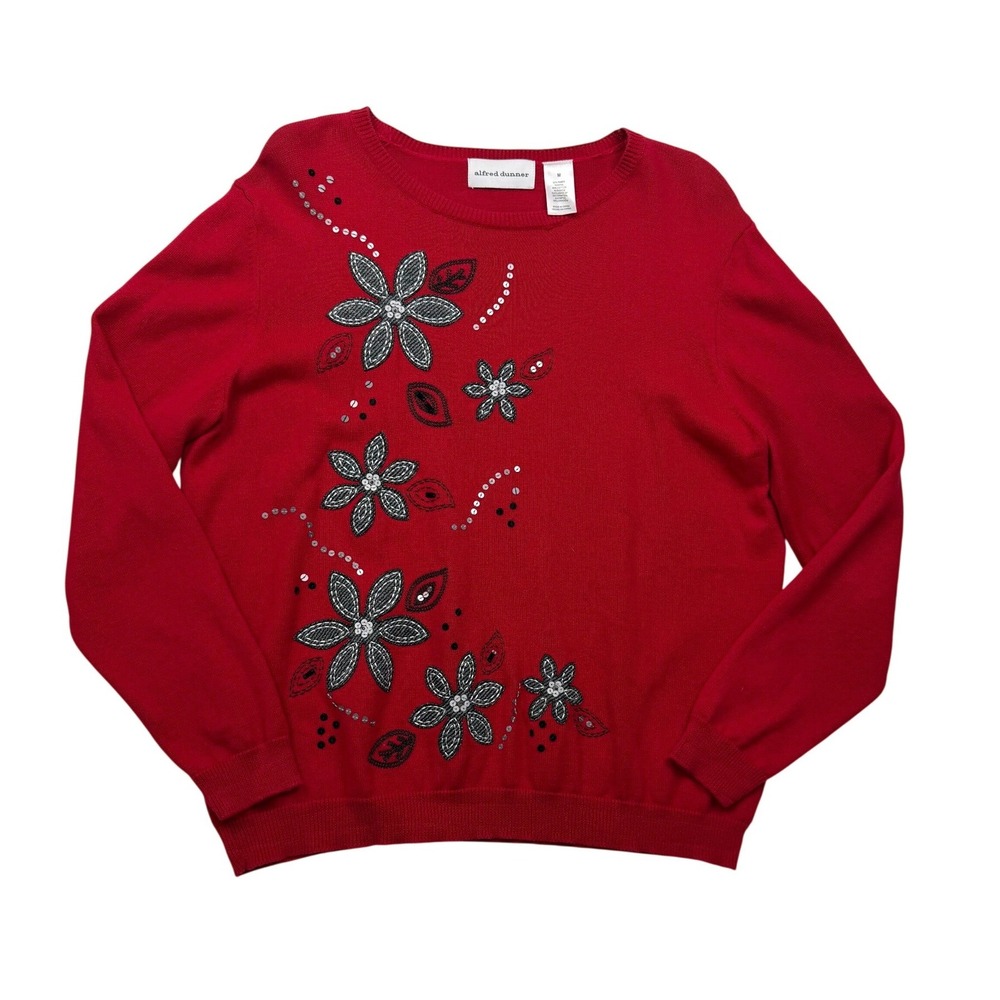 Y2K Alfred Dunner Red Floral Embellished Ramie Cotton Sweater Medium